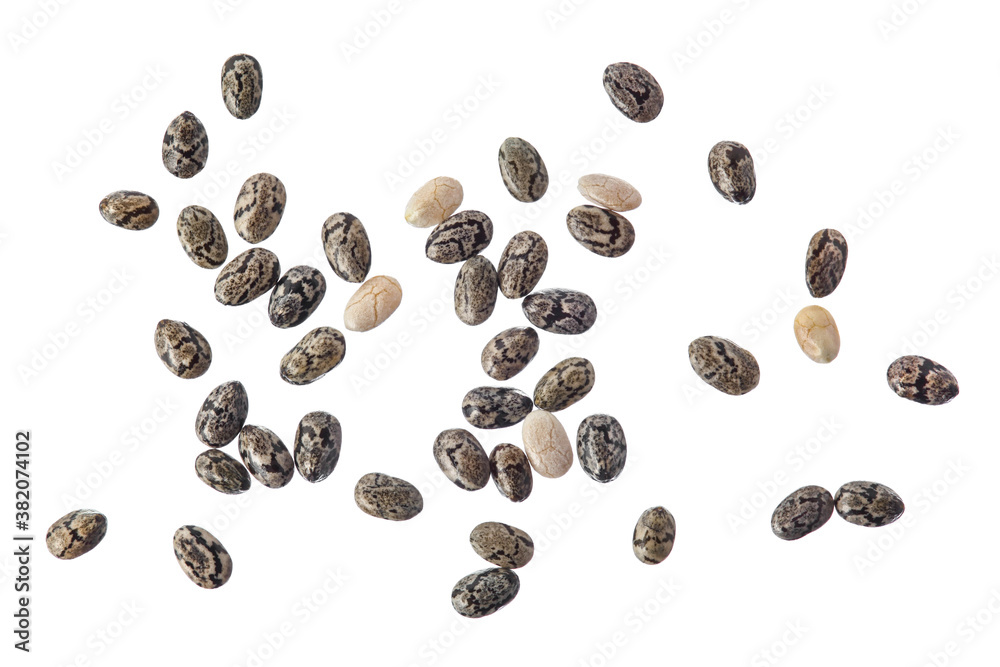 Poster chia seeds isolated on white background with clipping path and full depth of field. top view. flat l