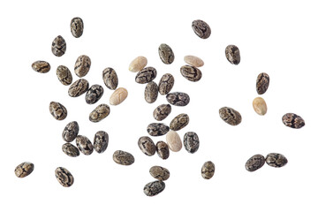 Chia seeds isolated on white background with clipping path and full depth of field. Top view. Flat lay.