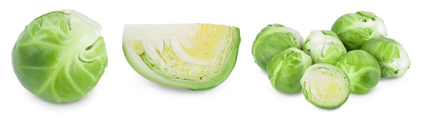Brussels sprouts and half isolated on white background with clipping path and full depth of field. Set or collection