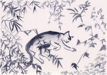 Watercolor painting with sleeping cat in Chinese Ink style. Original minimalist artwork on paper. Oriental landscape with cat & leaves. Calm meditative background. Serene peaceful nature illustration.