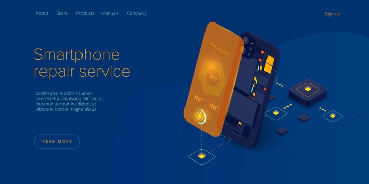 Smartphone repair service in isometric vector illustration. Cellphone or mobile phone  maintenance concept design. Web banner for broken gadget or device warranty fix.