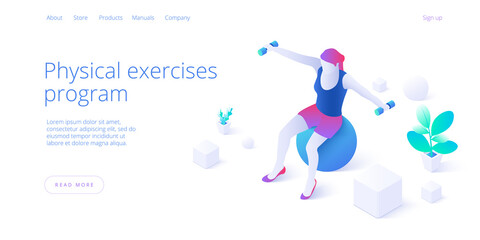 Physiotherapy exercises isometric vector illustration. Injury recovery or treatment program with female with dumbbells on ball. Web banner for rehabilitation center or hospital concept.