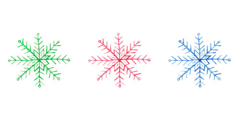 Set of watercolor snowflakes of different colors: red, green, blue