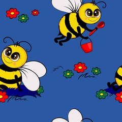 Funny bees collect nectar. Seamless pattern.