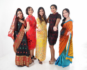 South east Asian Malay Chinese Indian race ethnic origin woman wearing dress costume baju kurung cheongsam samfu kebaya Sharee multiracial community on white background