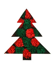 Red and green pompons in cut paper in fir-tree shape for christmas card or new year background. Knitting. Greeting for needlewomen