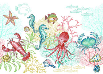 Set of sea animals. watercolor ocean fish, Medusa, whale, starfish ,shell ,seahorse, octopus. Hand drawn illustration