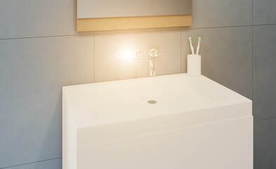 Spacious bathroom in gray tones with heated floors, freestanding tub. 3D rendering.. Sunset.