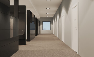 Modern office building interior. 3D rendering.. Modern office building interior. 3D rendering.