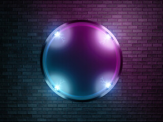 Neon style signboard on brick wall mockup. Blue and pink modern sign illuminated by lights 3D rendering © sdecoret