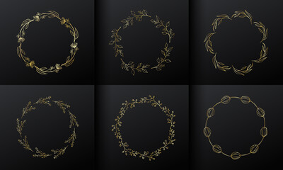 Golden circle flower frame for monogram logo design. Gradient gold flower border.