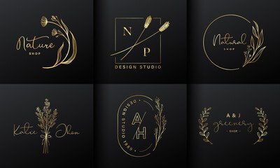 Fototapeta na wymiar Luxury logo design collection. Golden emblems with initials and floral decorative for branding logo, corporate identity and wedding monogram design.