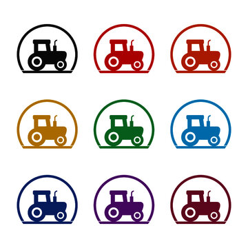 Simple Tractor circle icon, color set