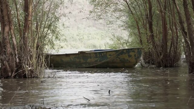 River And Old Metal Rowing Fishing Boat ancored between trees. High water.