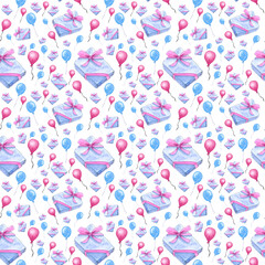 Gift and ballon colorful watercolor seamless pattern.
