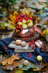 autumn vintage still life with apples and leaves