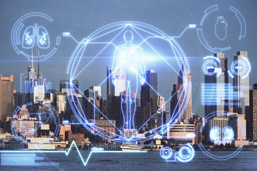 Double exposure of education theme drawing and cityscape background.