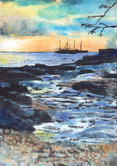Sunset over the sea, sailboat on the horizon, monoprint painting