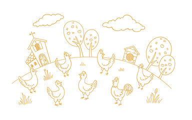 Poultry farm henhouse sketch. Free grazing. Chicken coop factory. Rustic barnyard. Village rural countryside landscape. Hand drawn contour vector line. © Ilia