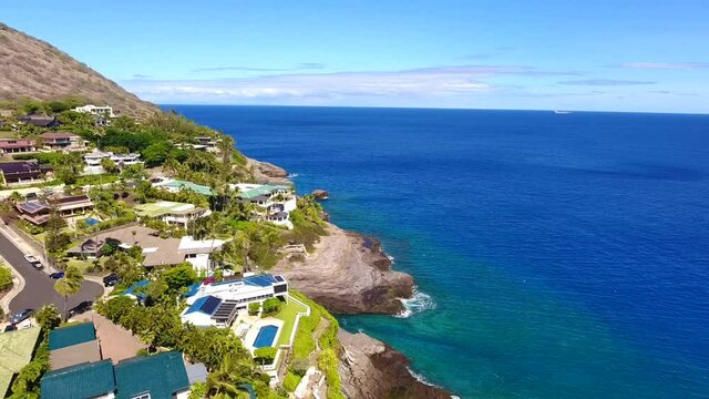 Drone footage of China Walls / Koko Kai Beach Mini Park. Honolulu, Oahu, Hawaii. Maunalua Bay, Pacific ocean. Aerial photography. Koko Head is a tuff cone. Coastal erosion.  Honolulu Volcanics