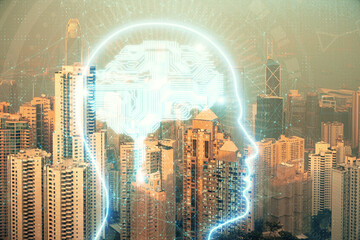 Brain hologram drawing on cityscape background multi exposure. Ai in modern city concept.