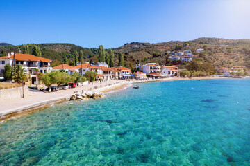 View to the beautiful village of Platanias at South Pelion Mountain, Greece, with turquoise sea along the marina