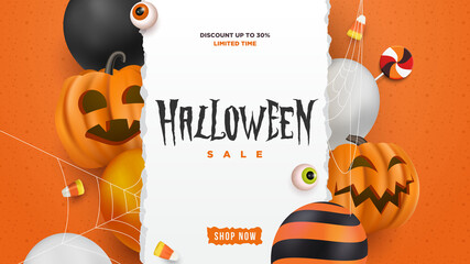 Cute 3d halloween special sale promo banner advertisement template vector