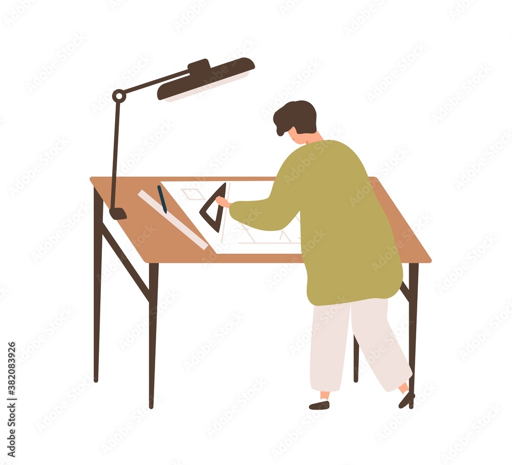 Poster male professional architect drawing construction plan at workplace vector flat illustration. man dep