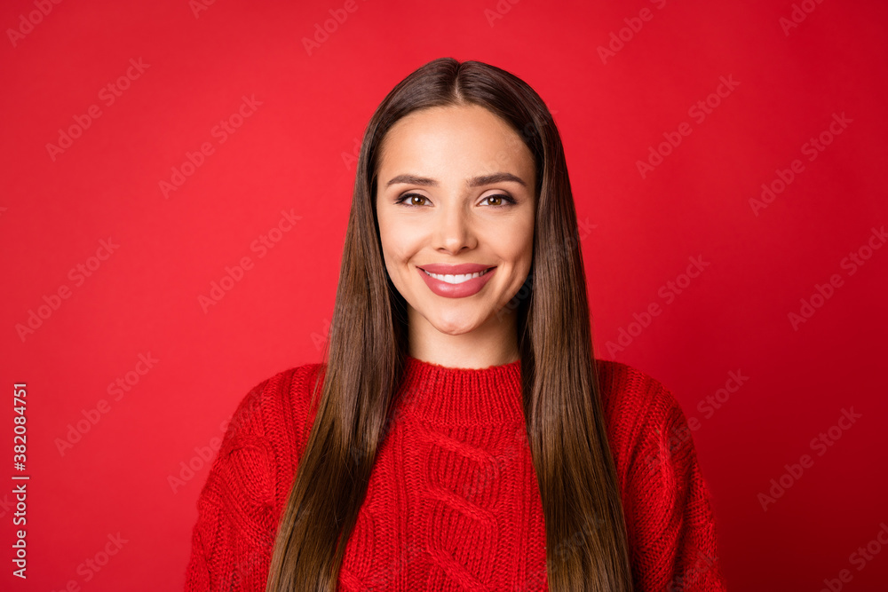 Sticker Portrait of charming pretty girl look in camera toothy smile isolated over shine red color background