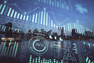 Double exposure of technology theme hologram and cityscape background. Concept of Hightech.