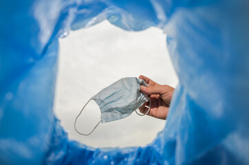 Woman throws a used medical mask into the trash can	
