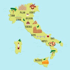 Fototapeta premium Tourist infographics about America. National symbols. Famous attractions. Cartoon map with Italian temples, dishes, trees. Colored vector illustration.
