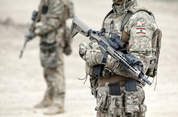 Soldiers with assault rifle and flag of Lebanon on military uniform. Collage.