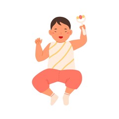 Cheerful cute baby lying holding rattle vector flat illustration. Funny toddler smiling shaking toy isolated on white. Adorable happy child playing noisy plastic plaything with handle top view