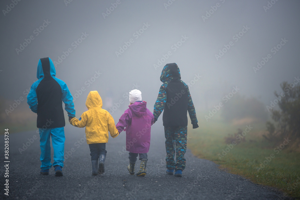 Sticker Four children, siblings boys and girl, walking on a rural path on a foggy autumn day