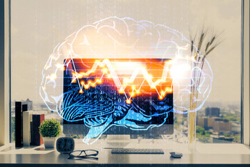 Double exposure of desktop with computer and brain drawing hologram. Artificial intelligence...