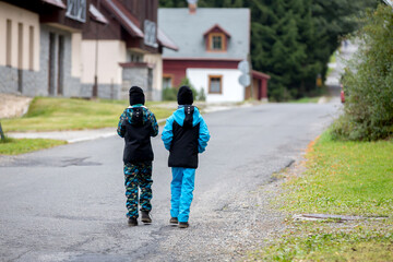 Obraz premium Two children, brothers, walking on a path in a park autumn day