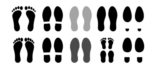 Footprints human silhouette, vector set, isolated on white background. Shoe soles print. Foot print tread, boots, sneakers. Impression icon barefoot.