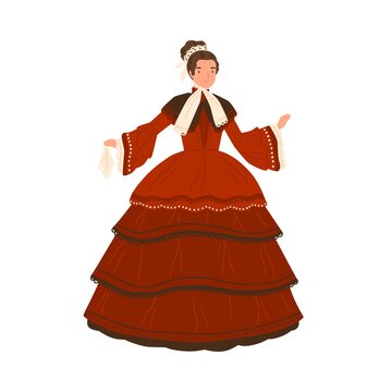 Cheerful lady in retro red dress with elegant design elements vector flat illustration. Adorable woman demonstrate fashion of 1840s isolated on white. Stylish female in classic clothes or apparel