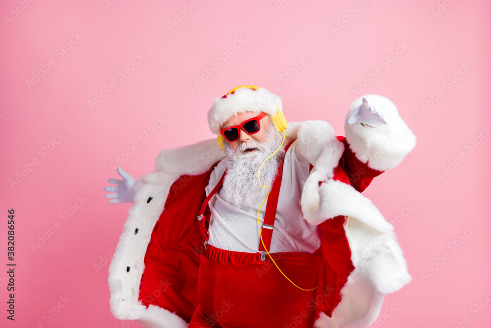 Poster cool x-mas christmas dance from santa claus listen jolly holly radio headphones wear suspenders sung