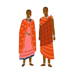 Couple in traditional maasai costume and accessories vector flat illustration. Man and woman in national ethnic clothing of african or kenyan people isolated. Characters in colorful folk apparel