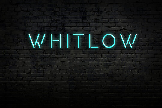 Neon sign. Word whitlow against brick wall. Night view