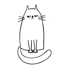 Sitting cute cat in funny cartoon style. Cute pets. Vector trendy style greeting card design, print t-shirt.