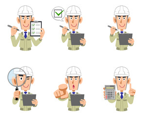 ヘルメットを被り虫眼鏡や書類を持った工務店の男性の上半身
