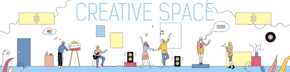 Creative Space, Imagination Concept. Creative Male And Female Characters Playing Guitar, Painting, Reciting Poetry , Listening To Music And Dancing. Horizontal Linear Flat Style Vector Illustration