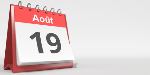 August 19 date written in French on the flip calendar page, 3d rendering