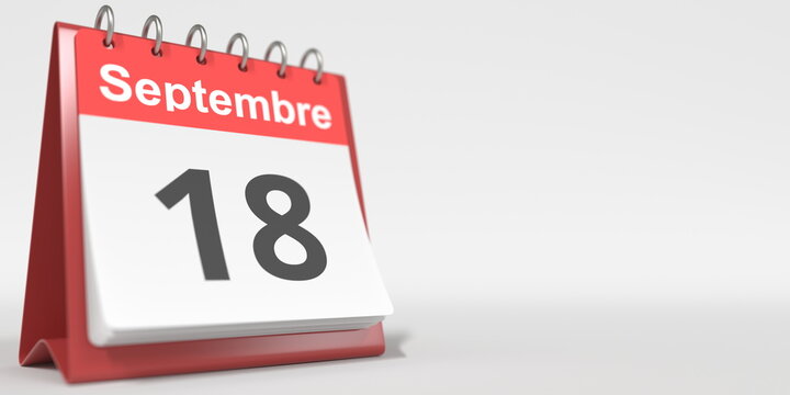 September 18 date written in French on the flip calendar page, 3d rendering