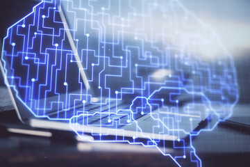 Multi exposure of work space with computer and human brain hologram. Brainstorm concept.