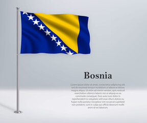 Waving flag of Bosnia on flagpole. Template for independence day