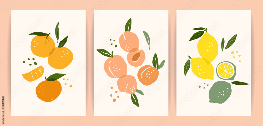 Wall mural collection of contemporary art prints. abstract fruits. oranges, pears and lemons.